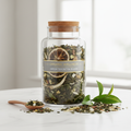 Organic green tea detox blend in glass jar